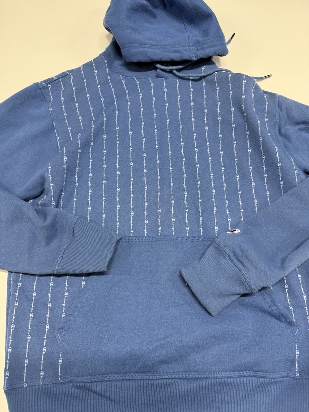 Champion All-Over Logo Print Hoodie Blue M Authentic Athleticwear Sweatshirt